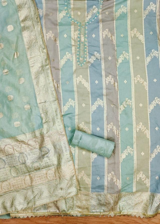 VARNI FABRICS Jacquard With Neck handwork Dress Material for Women Striped Unstitched Woman Salwar Suit Dress Material With Jacquard Dupatta Pastel Multicolors