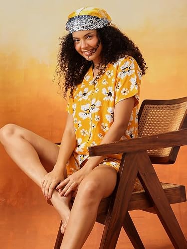 Clovia Women's Rayon Co-ord Nightwear Set – Printed Button-Down Shirt & Shorts | Lounge & Sleep Set (LS0141L02_Yellow_L)