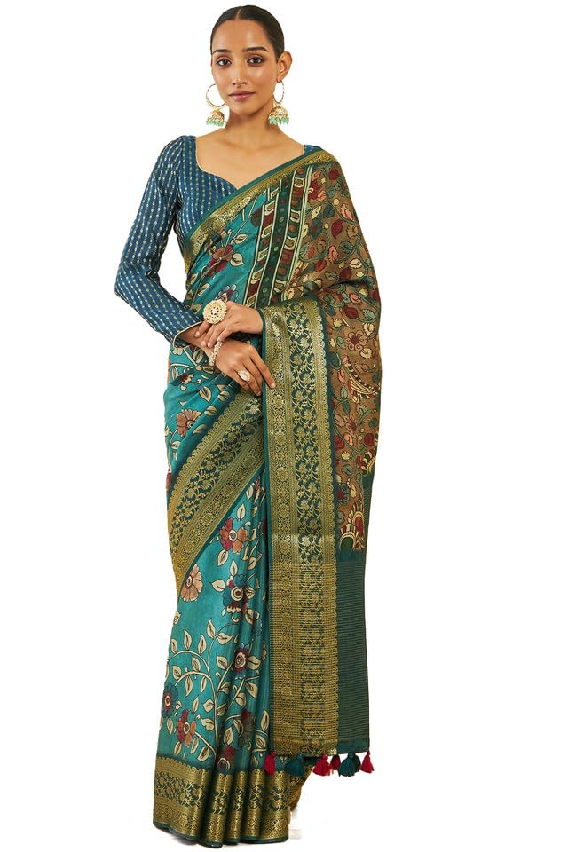 Soch Womens Turquoise Blue Crepe Saree With Floral Kalamkari Print And Zari Borders