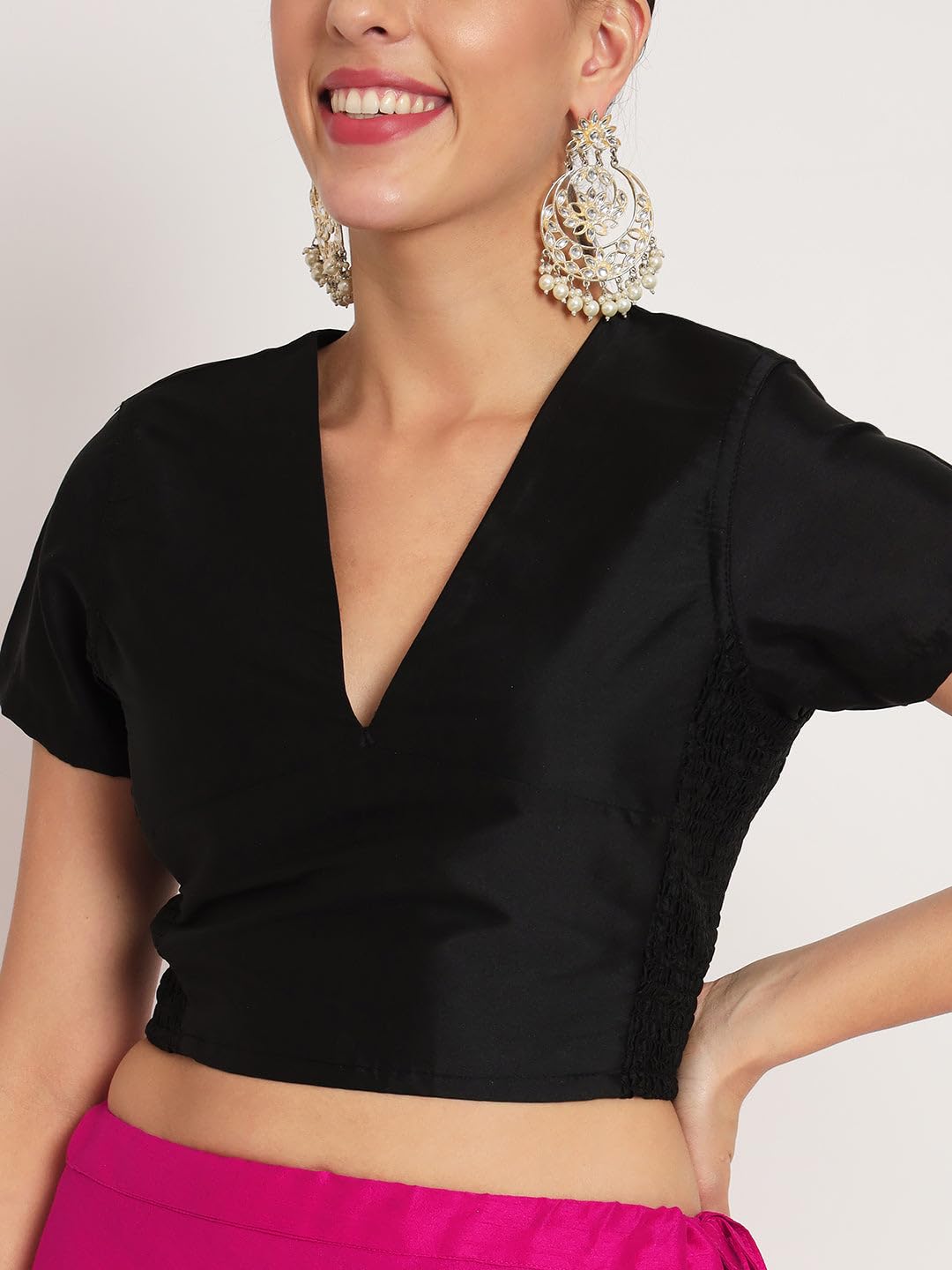 studio rasa Women's Silk Blend Stretchable Readymade Saree Blouse for Festive Wedding Party (Tpwc52337S_BL_Black_Small)