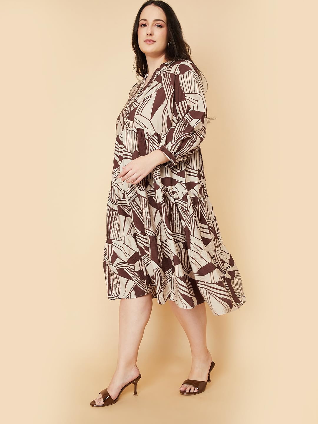 Max Women Printed Tiered Dress(Brown_3XL)