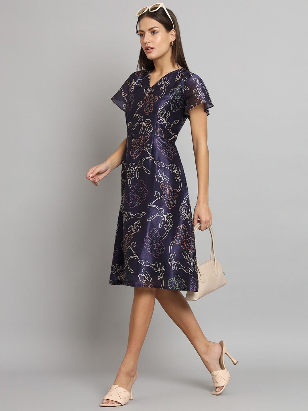 Powersutra Printed Silk Dress for Women | A-line Dress for Women | Office Wear | Blue