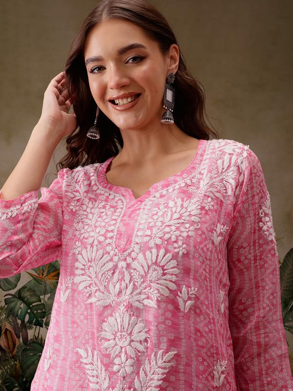 Ada Hand Embroidered Lucknowi Chikankari Printed Kota Doria Short Kurti Top Tunic with Slip for Women A911442 Pink (2XL)