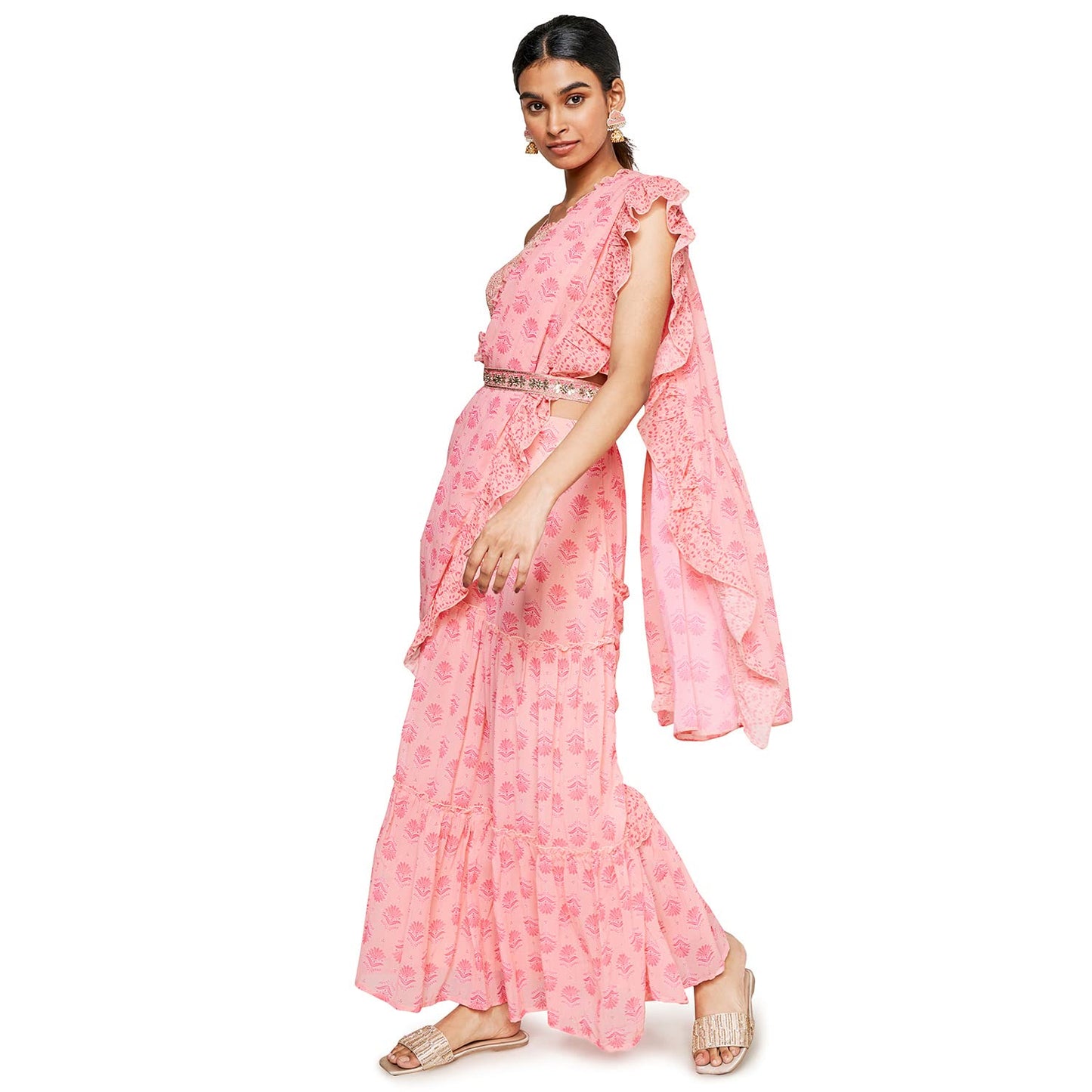 global desi Women's Polyester Stitched Saree (SS22GM160SSPG_Pink)