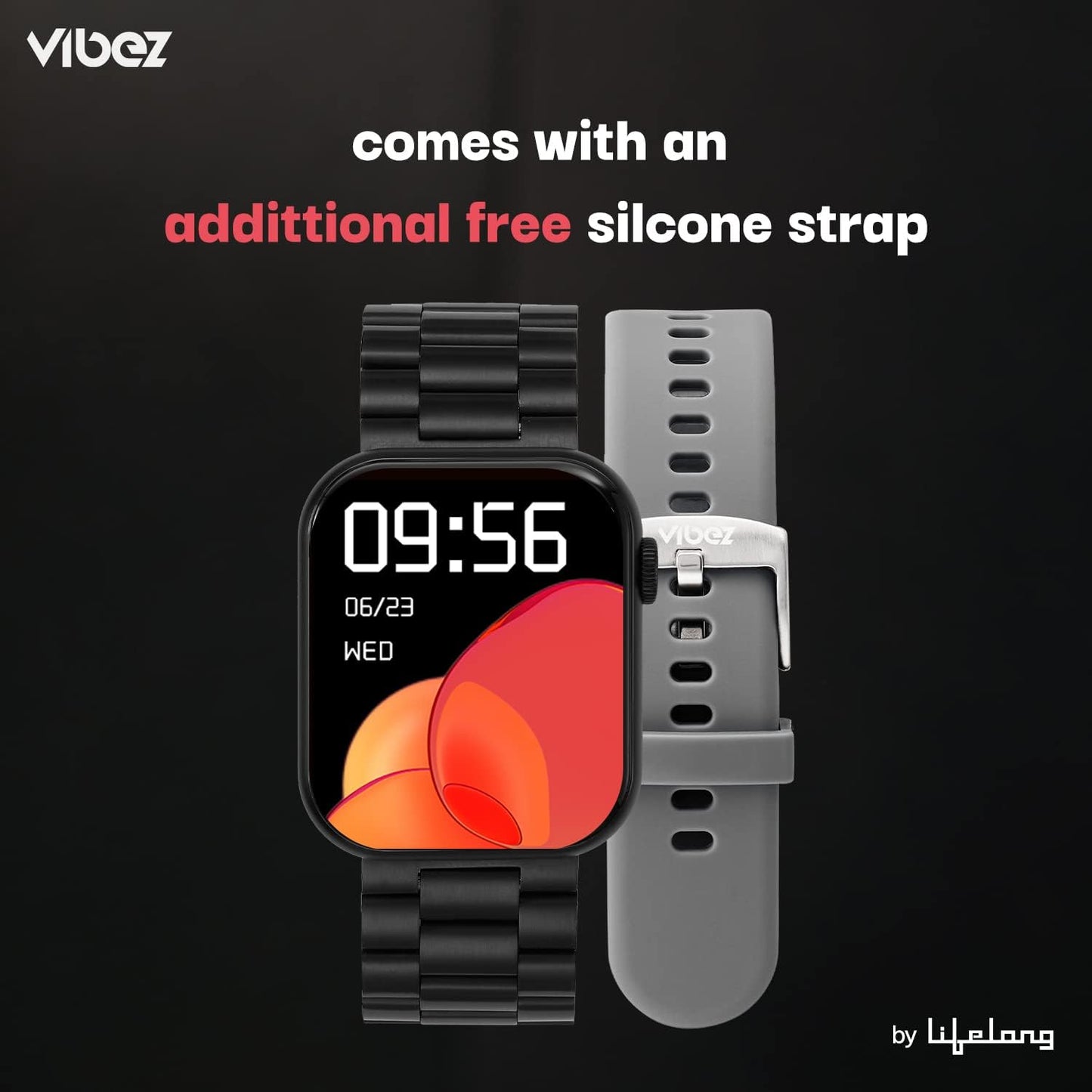 Vibez by Lifelong Hype Men Smartwatch with Bluetooth Calling|Multiple Straps (VBSWM306, 1 Year Manufacturer Warranty, Black)