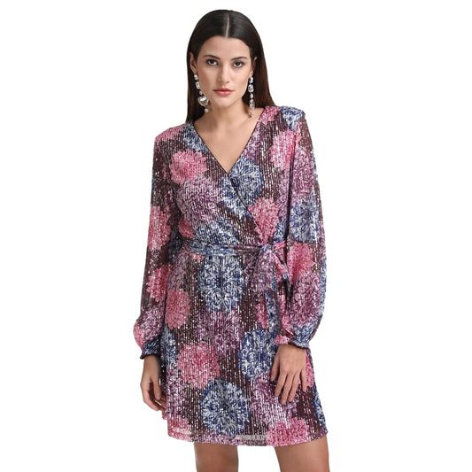 Kazo Abstract Poly Blend V Neck Women's Mini Dress (Multi-Coloured,Medium)