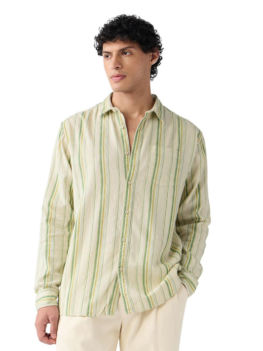 The Souled Store Cotton Linen Stripes: Meadow Men and Boys Long Sleeves Collared Neck Button Front Striped Regular Fit Cotton Linen Shirts