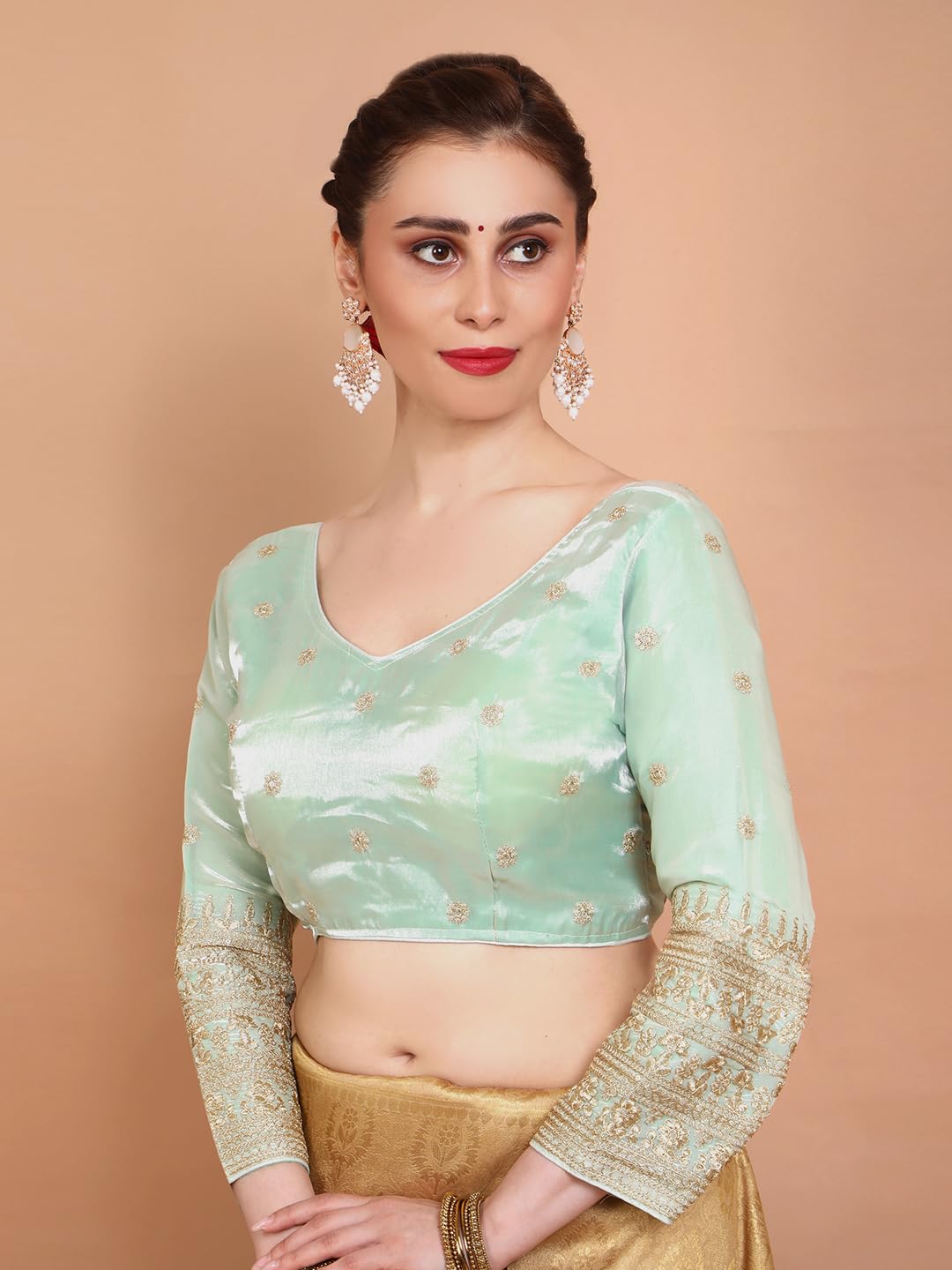 S SALWAR STUDIO Pista Green Organza V Neck Embroidered Readymade Alterable Blouse