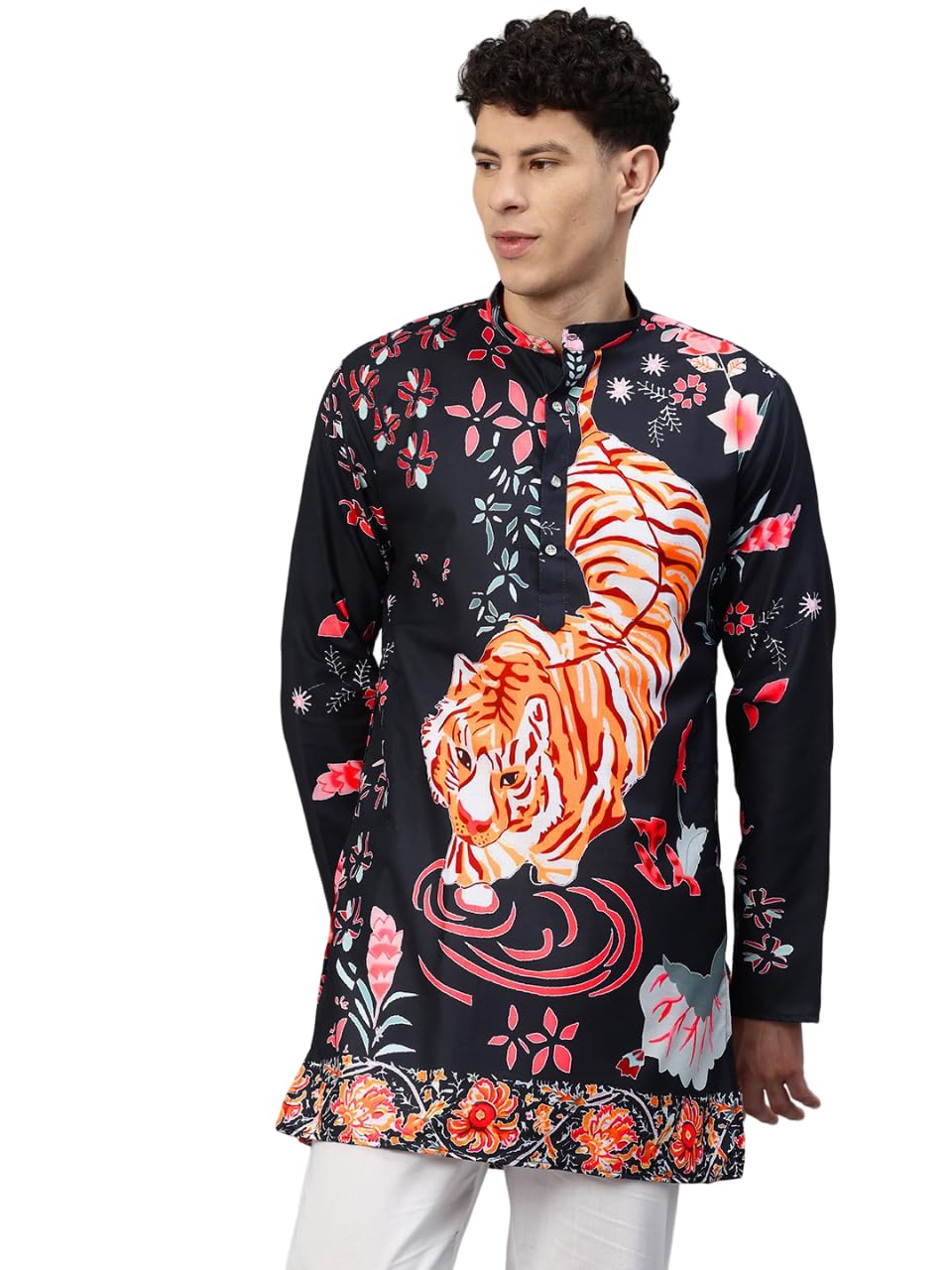 Luxrio Men's Cotton Blend Abstract Jungle Printed Textured Long Kurta Full Sleeves Black Size XXL
