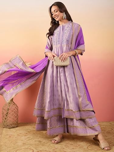 AVYUKTHA Cotton Kurta Palazzo & Dupatta Set For Womens | Regular Fit | 3/4 Sleeve | V Neck | Printed Embroidery | Anarkali | Lightweight | Ethenic Dress | Ideal For Weddings & Parties | S | Skin