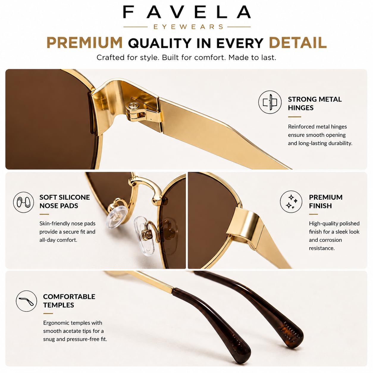 FAVELA Retro Oval stylish Sunglasses for Women & Men | Trendy Round Metal adjustable Sun Glasses Classic Shades | UV400 Protection Retro Oval Sunglasses Vintage Style Goggles. (Golden-Brown)