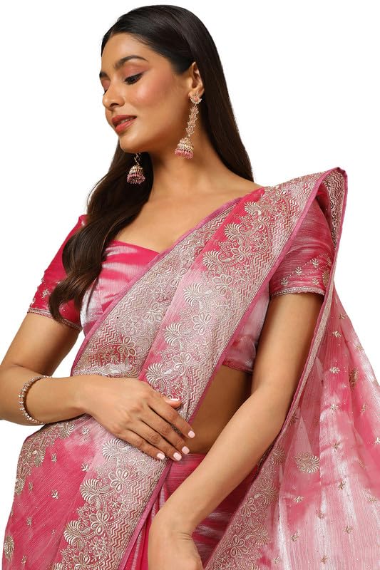 Soch Womens Onion Pink Organza Embroidered Saree With Stone Work