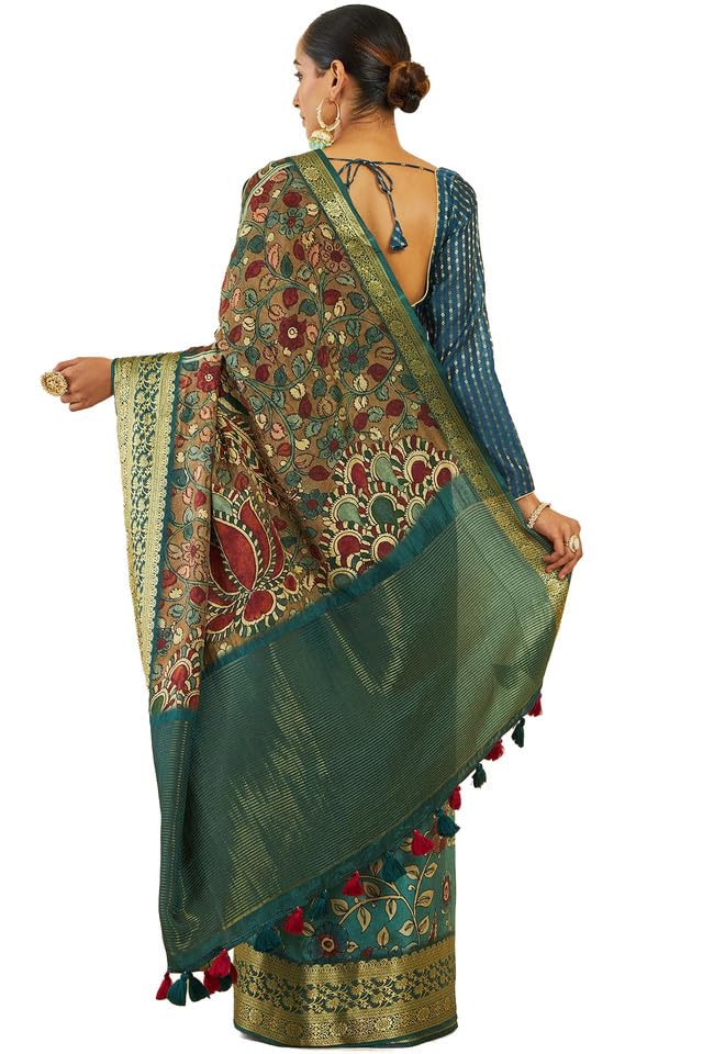 Soch Womens Turquoise Blue Crepe Saree With Floral Kalamkari Print And Zari Borders