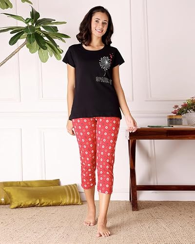 BODYCARE Women's Cotton Printed T-Shirt and Capri Set | Soft & Breathable Nightwear | Short Sleeves | Loungewear Co-Ord Set| BSCS16022_85 Multicolour