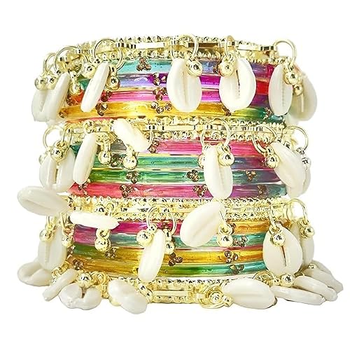 BANGLESKART 16pc Glossy Multi Set Kashmiri Ghunghroo Bangles Cowrie Shell Kaudi Glass Churi Haldi Jewelry Women Multicolor