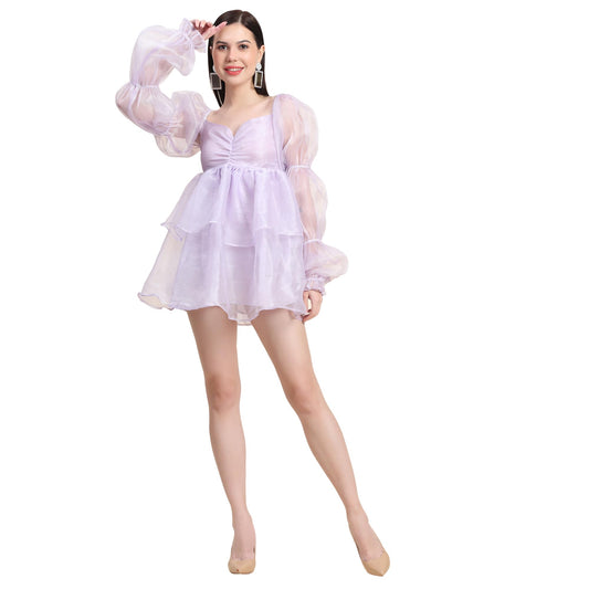 Laycra Silk Layered Mini Dress for Women – Flattering A-Line Design, Soft and Stretchy Fabric, Stylish Tiered Layers, Perfect for Casual Outings, Parties, and Special Occasions Small Purple Color