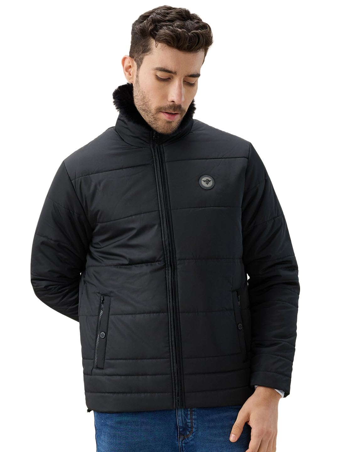 Status Quo Men's Solid Quilted Jacket Faux Fur High Neck Full Sleeves