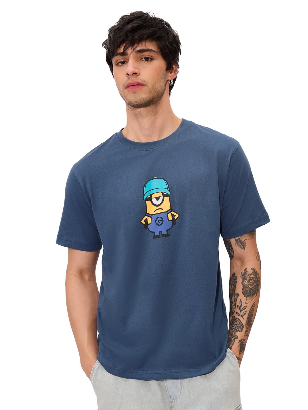 The Souled Store Official Minions Originals: I Love Gru Men and Boys Short Sleeve Round Neck Graphic Printed Regular Fit Cotton T-Shirts Blue
