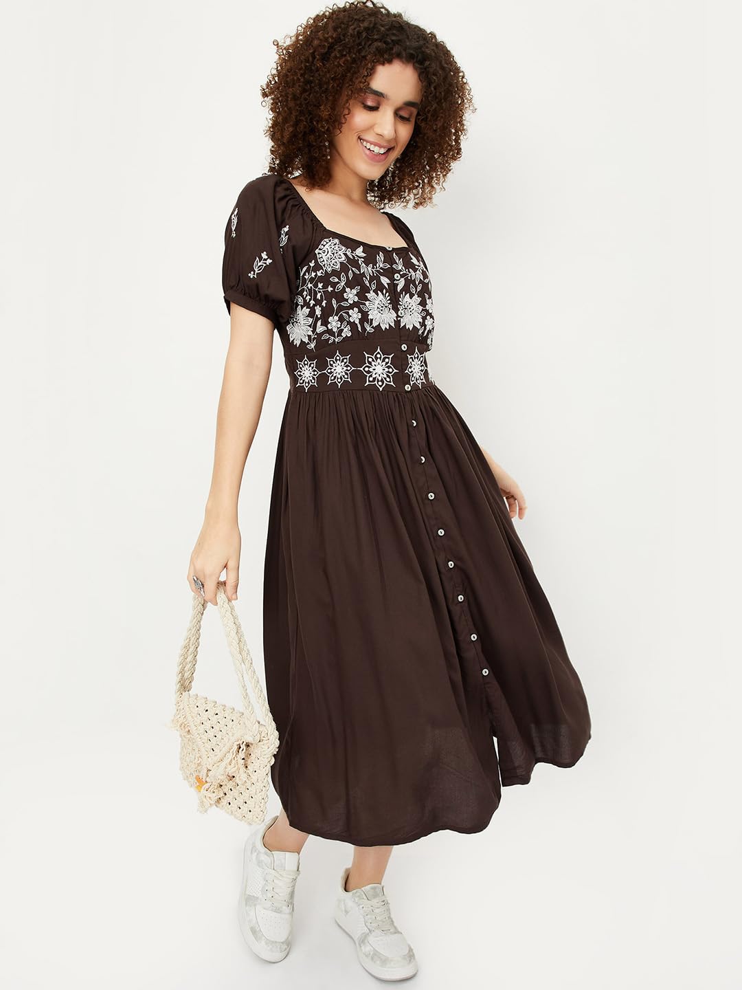 max Women's Rayon A-Line Midi Dress (Brown)