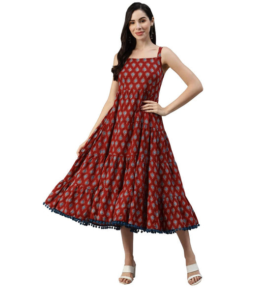 Divena Women's Cotton Fit and Flare Midi Dress (Model_Number#1.Value_Maroon