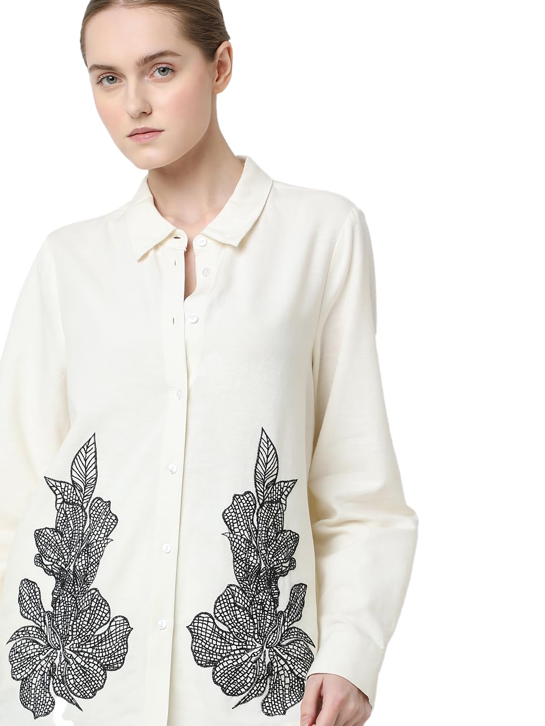 VERO MODA Women Embroidered Cream Cotton Regular Fit Shirt