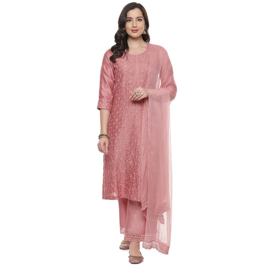 BIBA WOMEN EMBROIDERY STRAIGHT SALWAR KURTA DUPATTA(SKDCHIKANKA7220_ONION PINK_42)