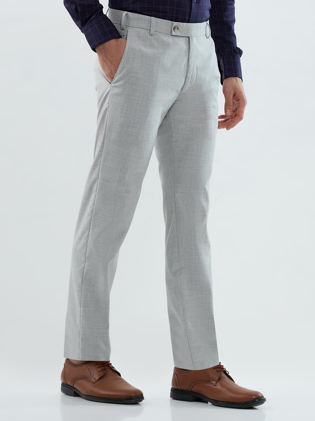Park Avenue Men Slim Fit Solid Pattern Polyester Blend Flat Front Formal Trouser Light Grey
