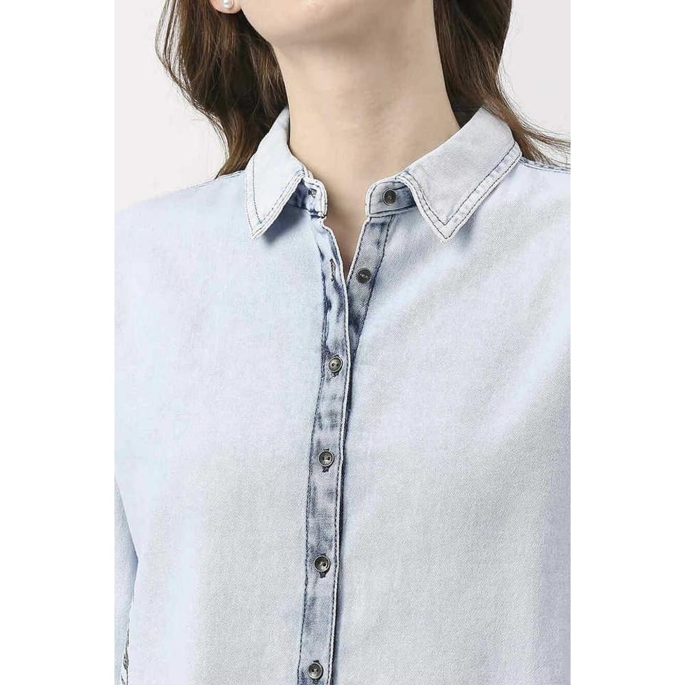 Pepe Jeans Solid Regular Neck Cotton Women's Casual Wear Shirt (Blue,Medium)