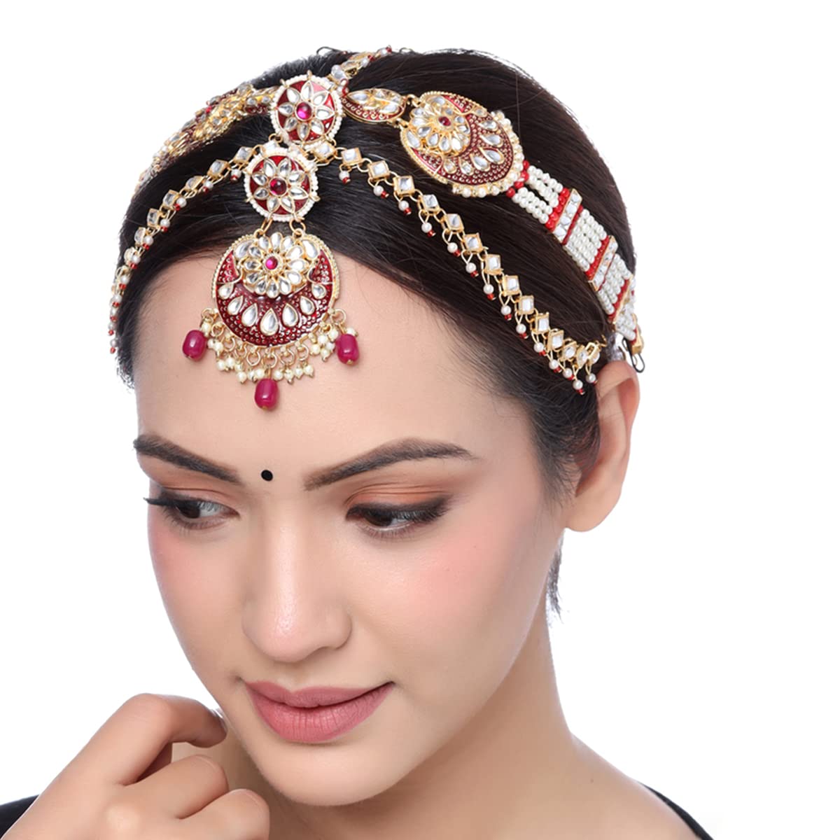 Yellow Chimes Maangtikka Daamini for Women Gold Plated Kundan Studded Meenakari Touch Multilayer White Beads Chain Designed Daamini Maangtikka for Women and Girls