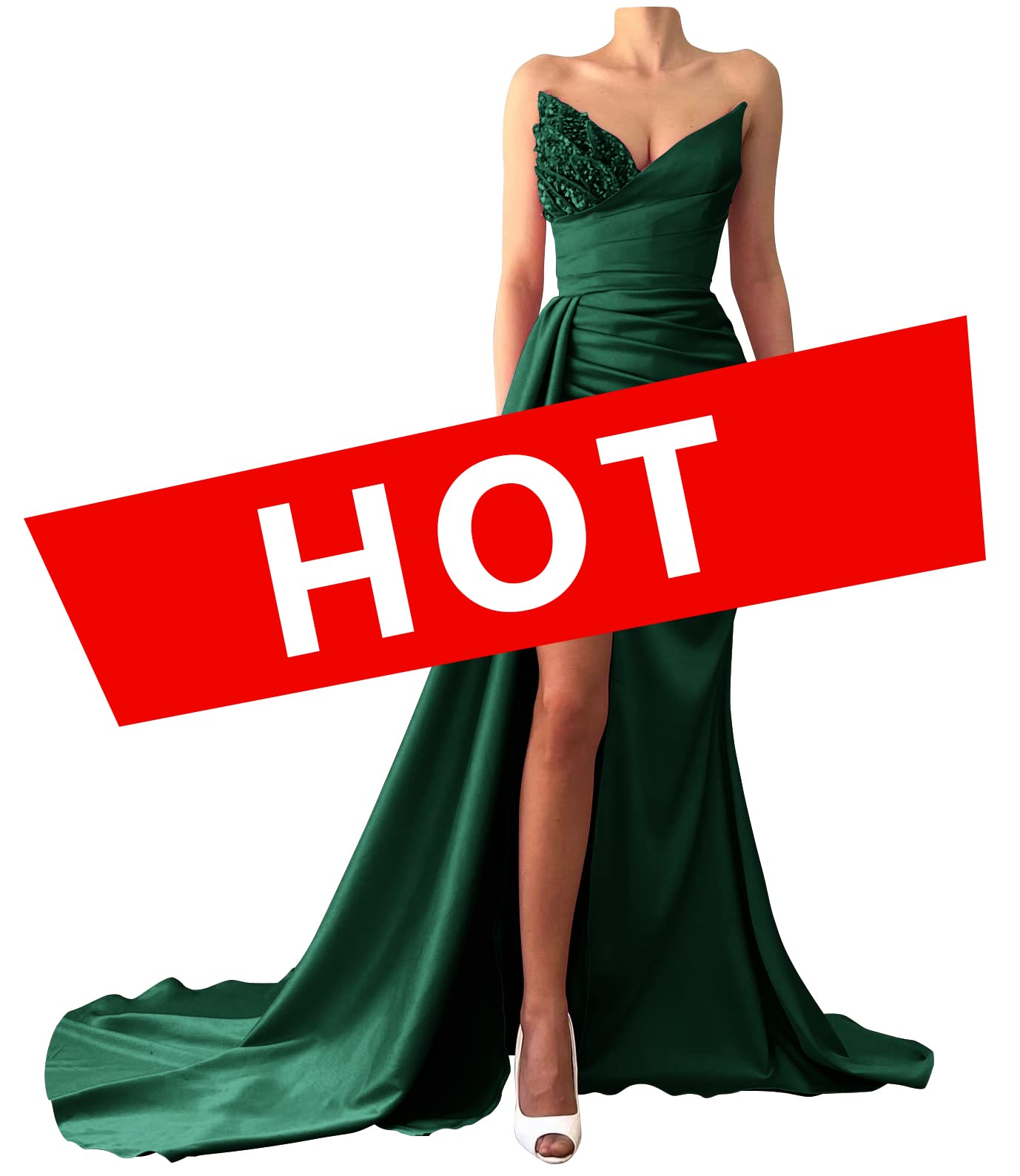 Prom Dresses 2024 Strapless Mermaid Sequin Beaded Satin Long Slit Evening Gowns for Women Bridesmaid Dresses, Emerald Green, 16