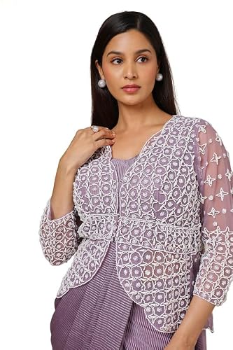 Soch Womens Lavender Satin Embellished Ready-To-Wear Saree With Jacket