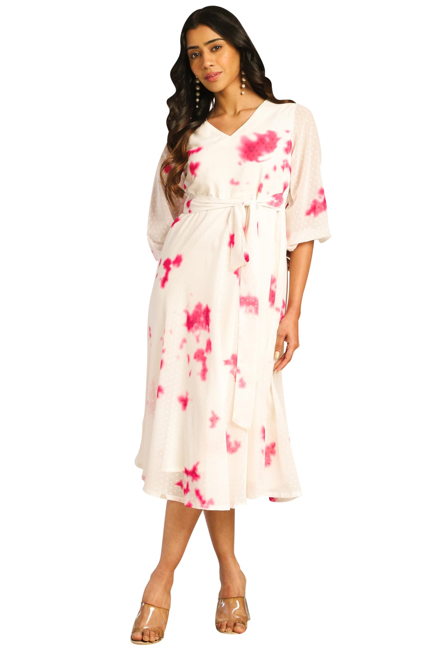 Janasya Women's Off White Dobby Georgette Tie-Dye Fit & Flare Dress(JNE4388-DR-M)