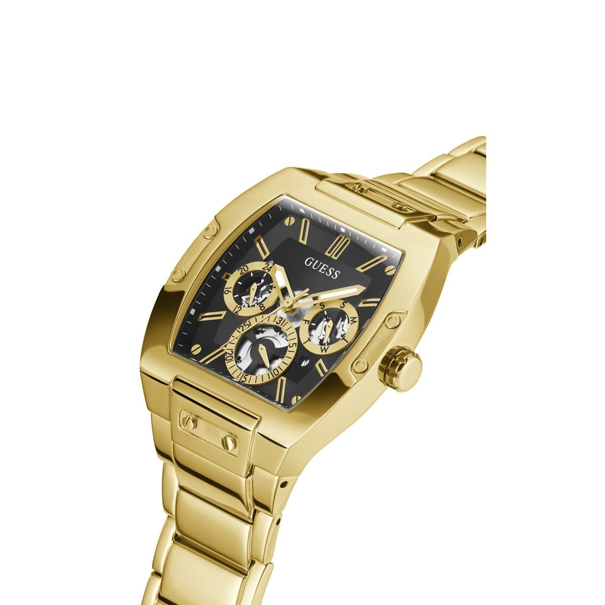 GUESS Stainless Steel Phoenix Collection Analog Black Dial Men Watch-Gw0456G1, Gold Band