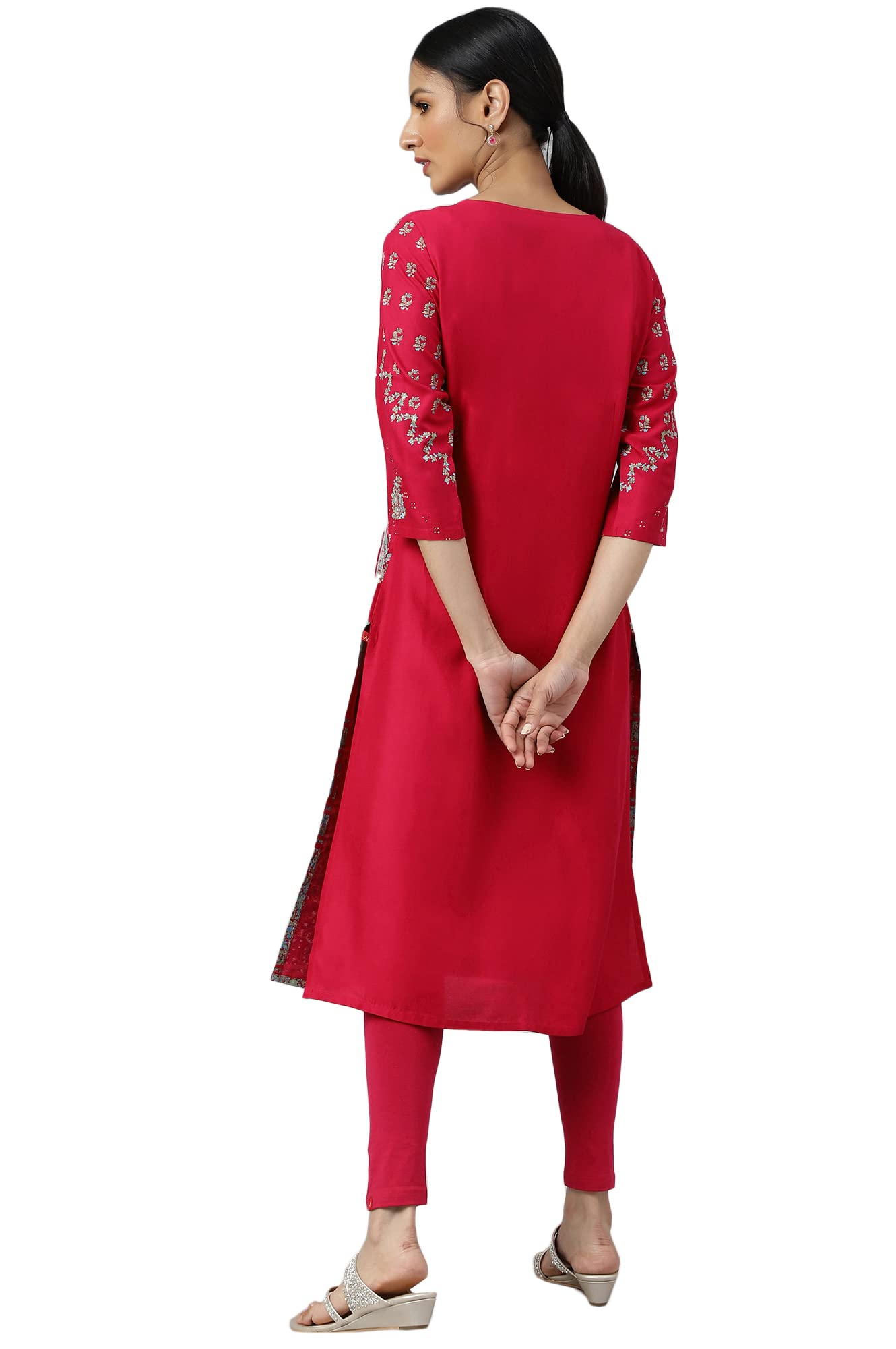 W for Woman Pink Placement Print Rayon Kurta