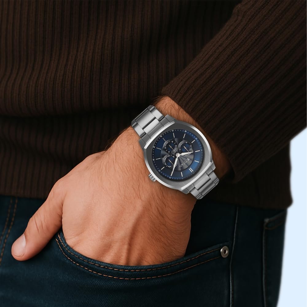 Titan Regalia Arc Analog with Day Date Second Subdial and Blue Dial Stainless Steel Strap Watch for Men - 90213SM01