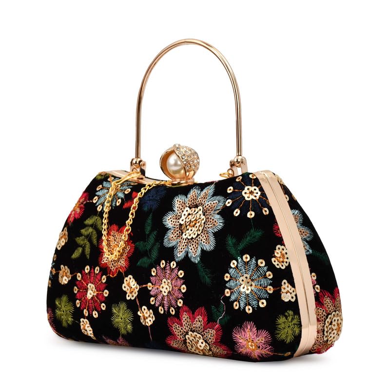For The Beautiful You Women's Embroidered Velvet Clutch Purse with Pearl Clasp and Detachable Chain – Elegant Evening Handbag for Wedding, Party (Black)