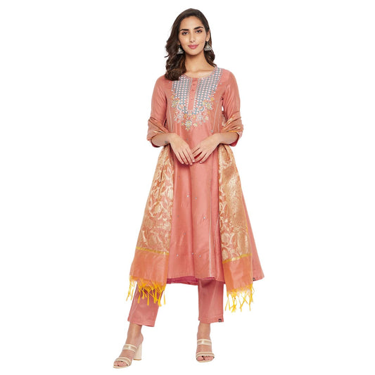 Rangavali Peach Cotton Silk Festive Anarkali Suit Set With Dupatta | Readymade Kurti Pant Set | Embroidery Krta For Women | 3 Pcs Set | XS, 30
