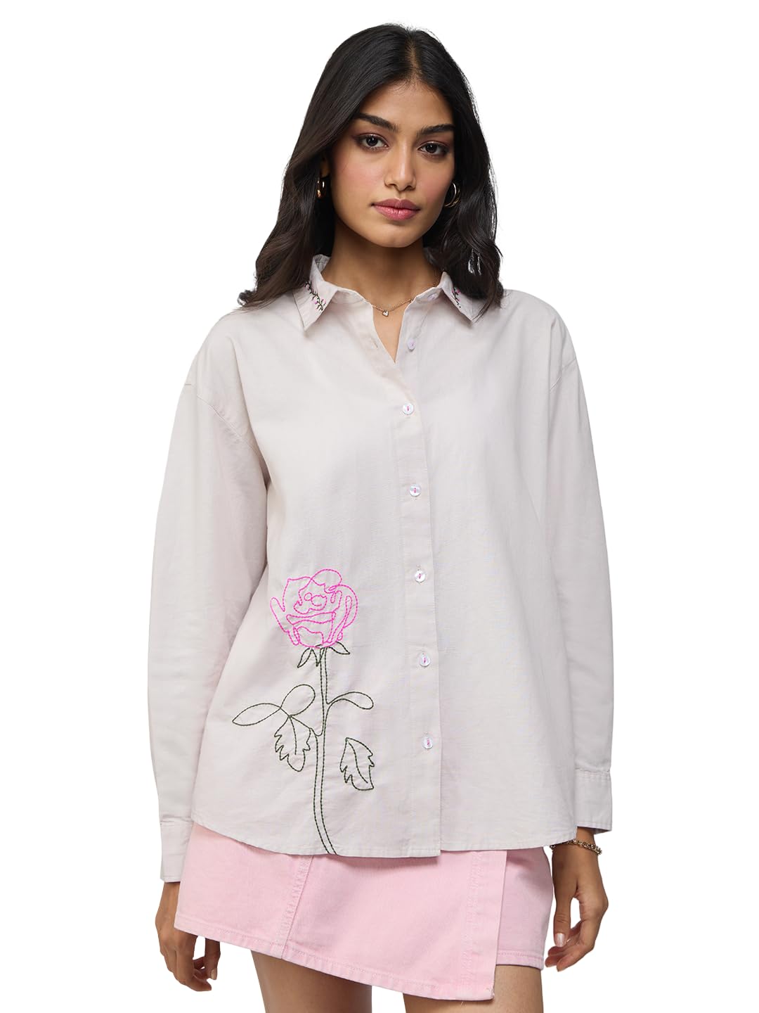 The Souled Store Cotton Linen Shirt: Roses Women and Girls Long Sleeves Collared Neck Button-Down Embroidered Oversized Fit Lightweight Comfortable Summer-Ready Boyfriend Shirt