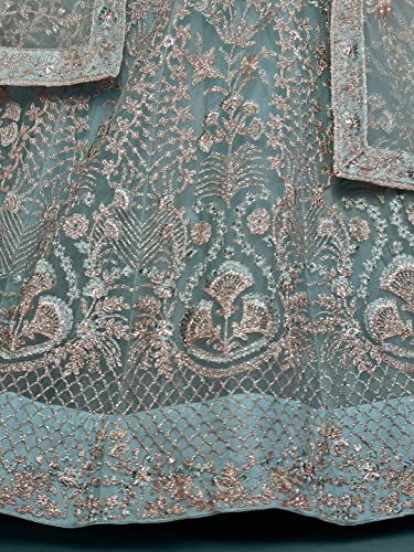 Zeel Clothing Women's Sea Blue Zari and Embroirery Work Net Semi-Stitched Lehenga Choli Material (7906-Sea-Blue-Wedding-Lehenga-Choli; Sea Blue),2 Meters