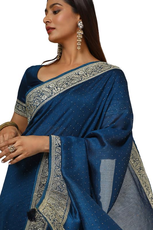 Soch Womens Blue Tussar Zari Embroidered Saree With Stone Work
