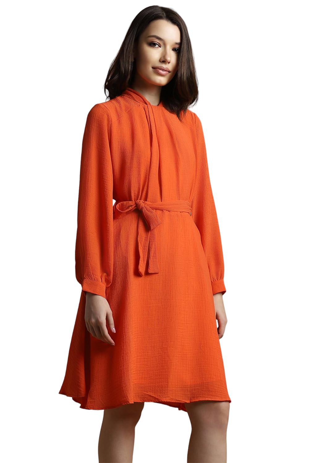 Allen Solly Women's Polyester Asymmetrical Knee-Length Dress (AHDRWRGFV34691_Orange