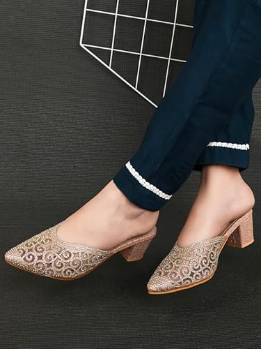 XE Looks Women's Gold Embellished & Stylish Block Heel Mules | Pointed Toe Slip-On with Intricate Rhinestone Design |Fancy & Charm Block Heels For Girls & Women