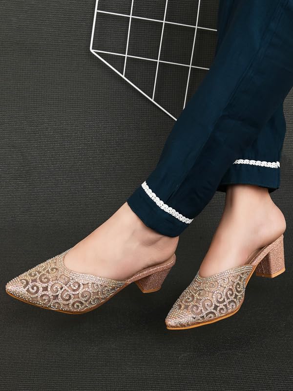 XE Looks Women's Gold Embellished Block Heel Mules | Pointed Toe Slip-On with Intricate Rhinestone Design | Stylish, Fancy & Charm Block Heels For Girls & Women