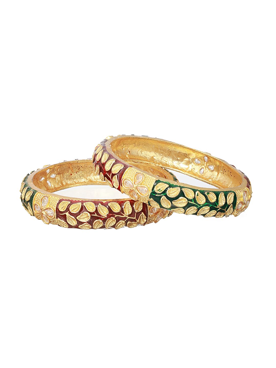 Priyaasi Red & Green Studded Leaf Meenakari Gold-Plated Bangle Set of 2 for Women