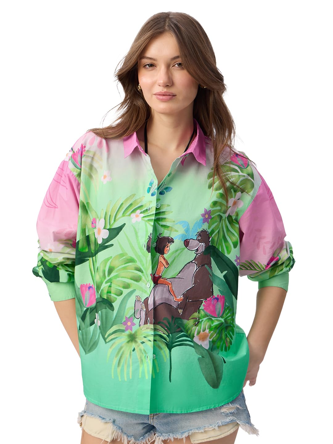 The Souled Store Official Jungle Book: Mowgli's Garden Women and Girls Long Sleeve Collared Neck Button Down Boyfriend Shirts