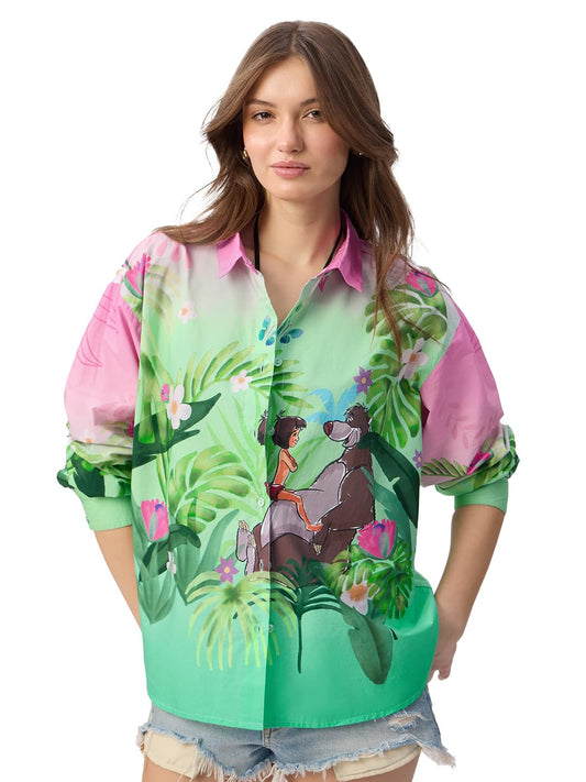 The Souled Store Official Jungle Book: Mowgli's Garden Women and Girls Long Sleeve Collared Neck Button Down Boyfriend Shirts
