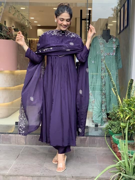 CICICA Salwar Suit Set With Dupatta For Women | Anarkali Chinon | Embroidery Set | Embroidered Suits | Flared Dress | Violet Kurta Set | Three Piece