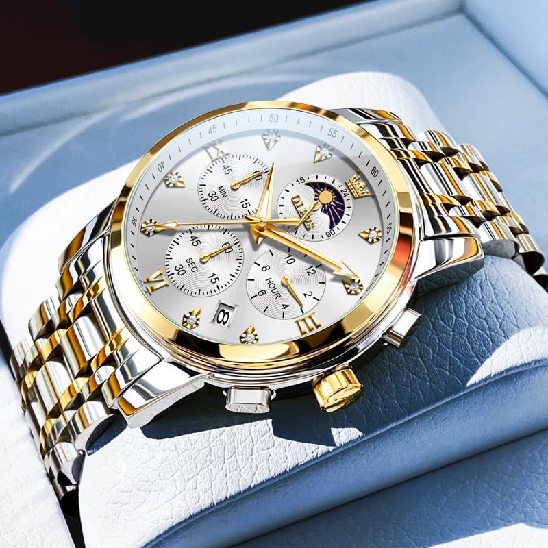 OLEVS Watch for Men Diamond Business Dress Analog Quartz Stainless Steel Waterproof Luminous Date Two Tone Luxury Casual Wrist Watch, Silver watches gold 3655, men watch