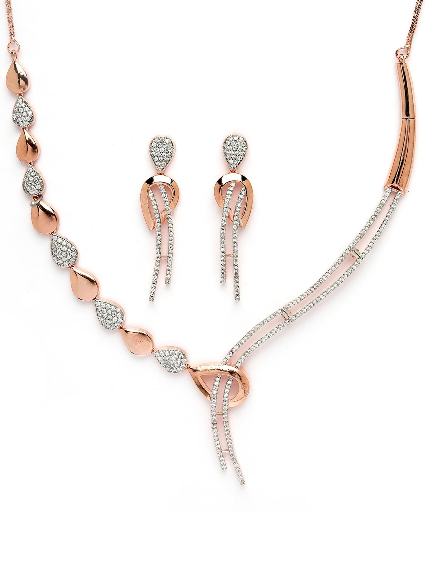 Karatcart Graceful Rose Gold Necklace Set with American Diamond Embellishments and Rhodium Finish