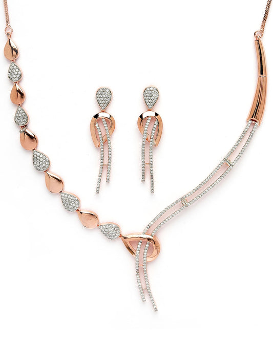 Karatcart Graceful Rose Gold Necklace Set with American Diamond Embellishments and Rhodium Finish